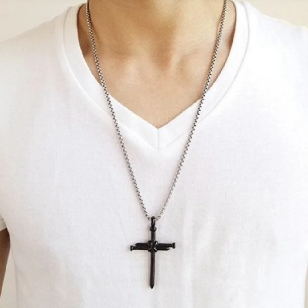 Pendant--𝅺BLACK over Stainless Steel Nails & Rope Cross pendant necklace
